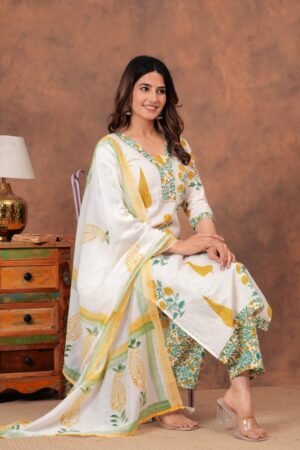 Cotton straight kurti,pant, dupatta sets