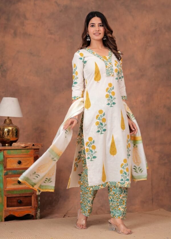 Cotton straight kurti,pant, dupatta sets