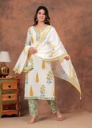 Cotton straight kurti,pant, dupatta sets