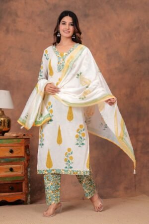 Cotton straight kurti,pant, dupatta sets