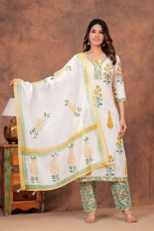 Cotton straight kurti,pant, dupatta sets